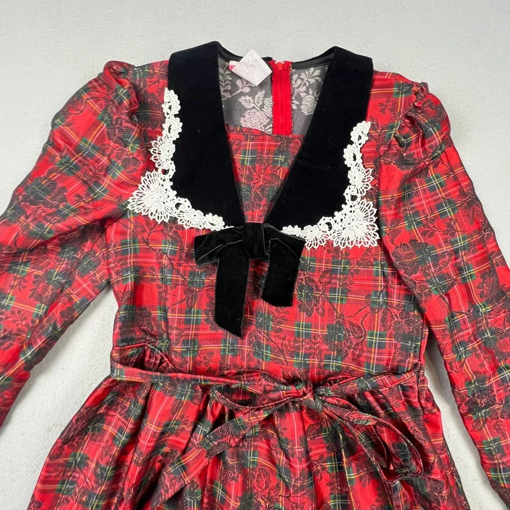 Polly Flinders Plaid Dress Girls 14 Red Velvet Lace Holiday Christmas Vintage